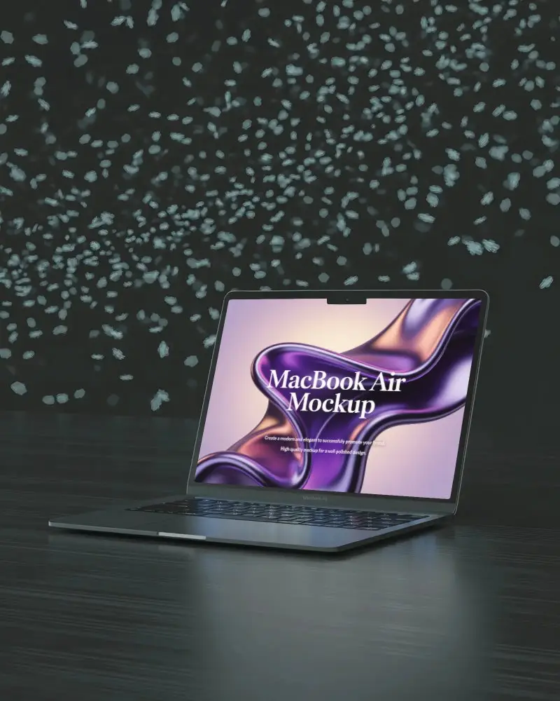 Minimal Scene Macbook Air M3 Mockup In Studio With Abstract Light Particle Pattern