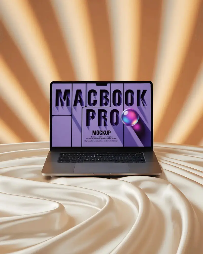 Radiant Stage Scene Macbook Pro M3 Mockup Centered On Smooth Cream Drape Platform