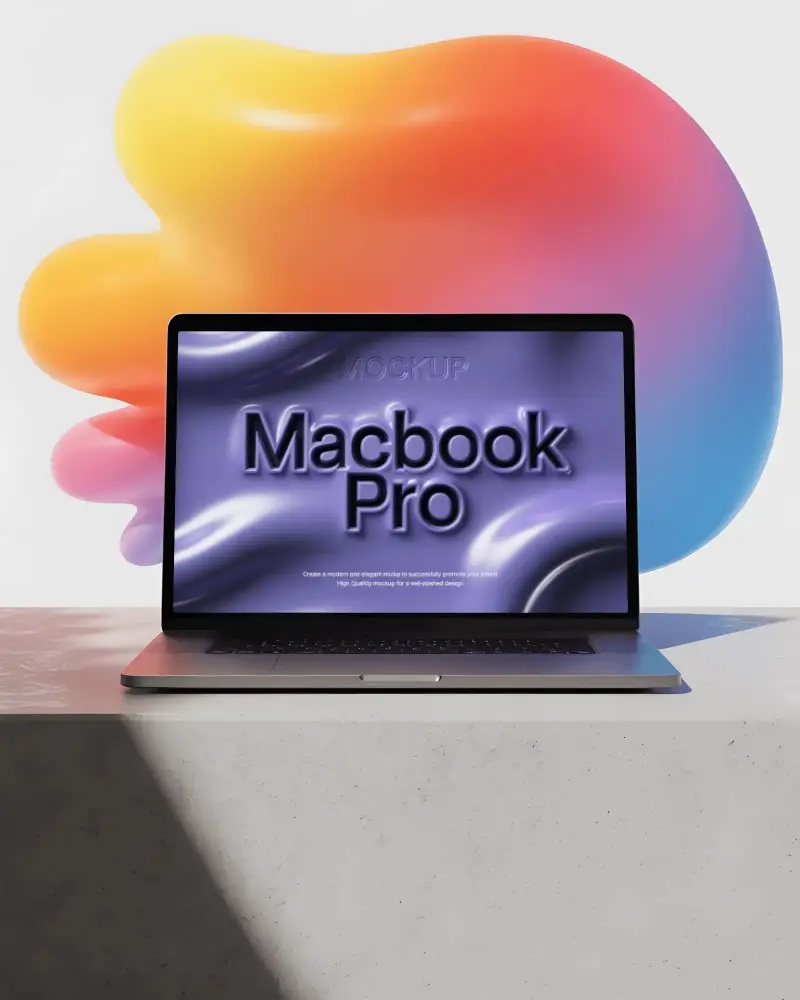 Macbook Pro M1 Mockup On Stone Table With Vivid Gradient Liquid Backdrop And Daylight