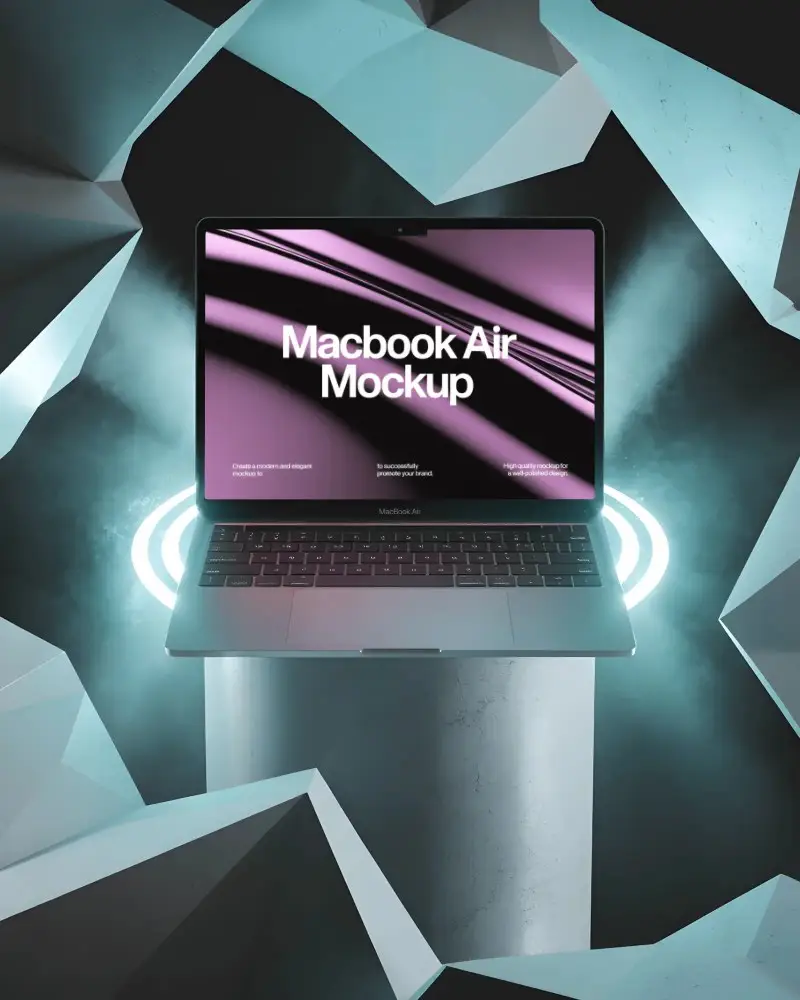 Macbook Air M3 Mockup On Metallic Pillar Surrounded By Glowing Crystal Fragments