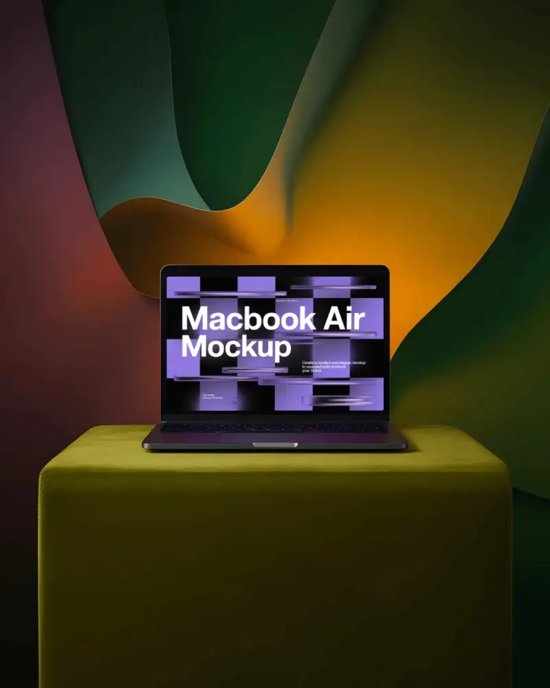 Macbook Pro M1 Mockup On Velvet Pedestal Against Gradient Abstract Drape Backdrop