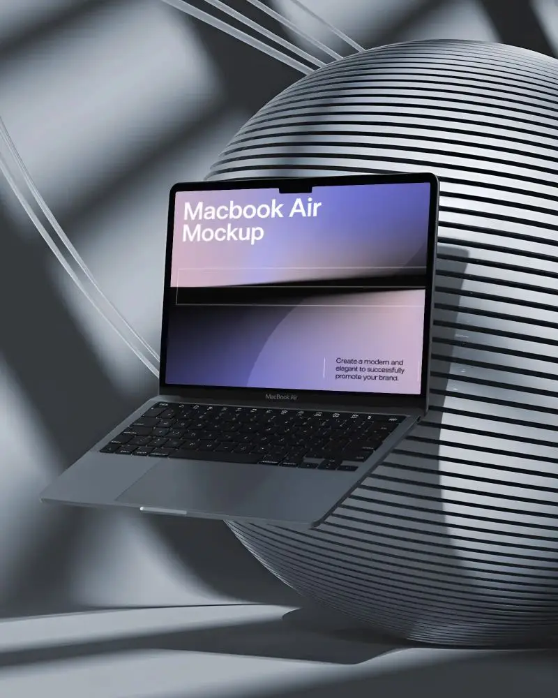 Macbook Air M2 Floating Mockup With Abstract Striped Sphere And Minimal Matte Lighting