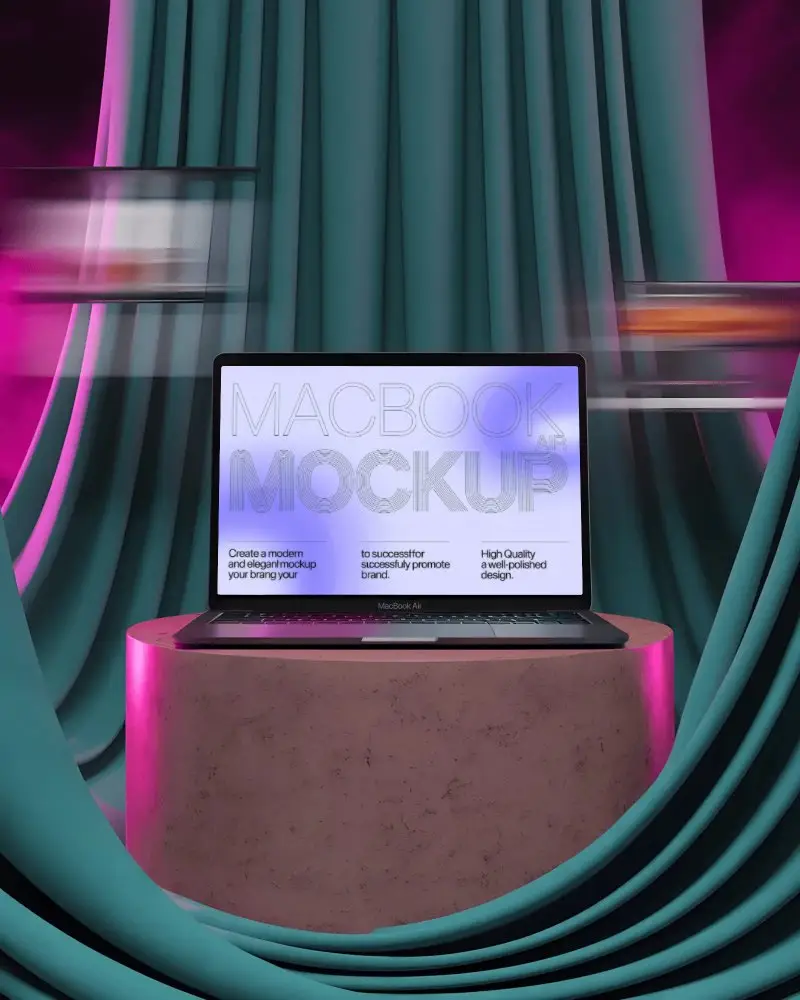 Macbook Air M1 Mockup On Round Pedestal With Flowing Teal Curtains And Neon Backlight