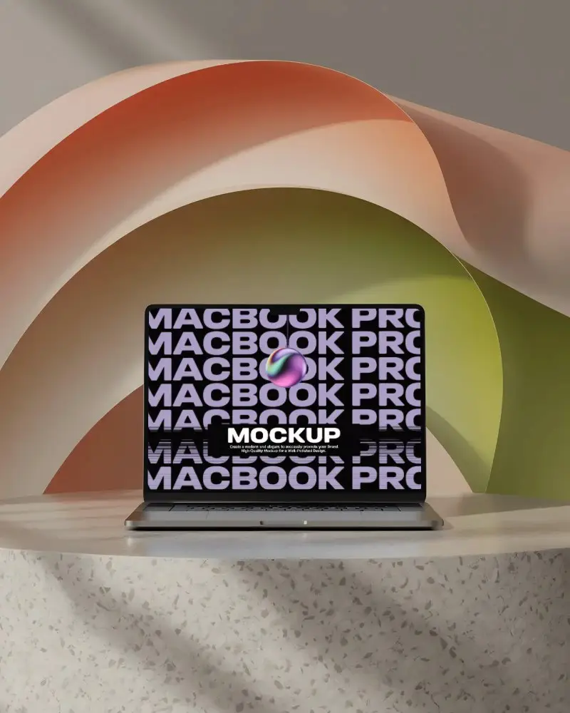 Fluid Ribbon Style Background Macbook Pro M4 On Stone Surface Mockup Setup