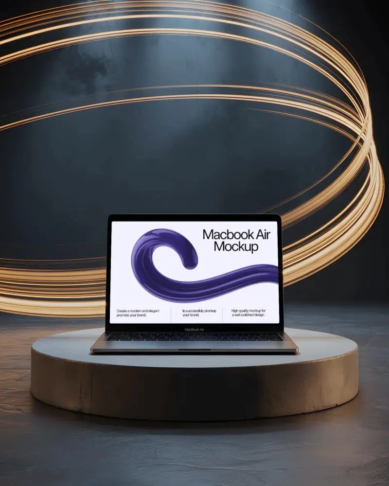 Glowing Motion Light Backdrop Macbook Air M1 Mockup On Round Stone Stage