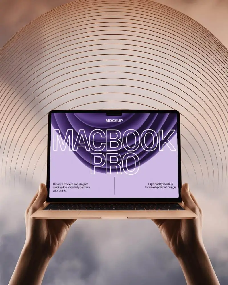 Hand Holding Macbook Pro M3 Mockup Against Cloudy Sky Background With Concentric Light Rings
