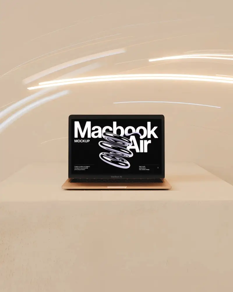 Sleek Macbook Air M1 Display On Soft Neutral Surface With Floating Glow Lines