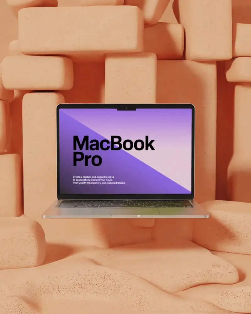 Macbook Pro M2 Mockup Floating Against Stacked Foam Coral Blocks In Modern Studio