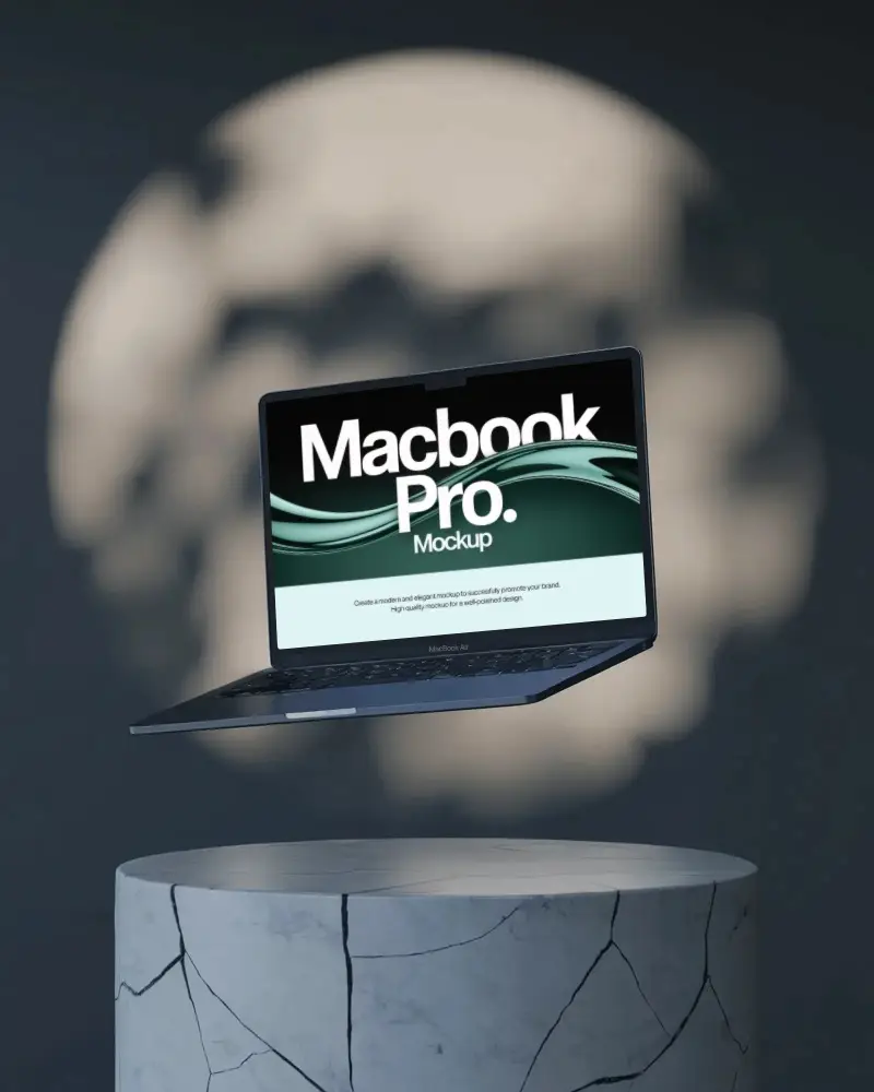 Floating Macbook Pro M4 Mockup Above Cracked Marble Pedestal With Soft Shadowy Backdrop