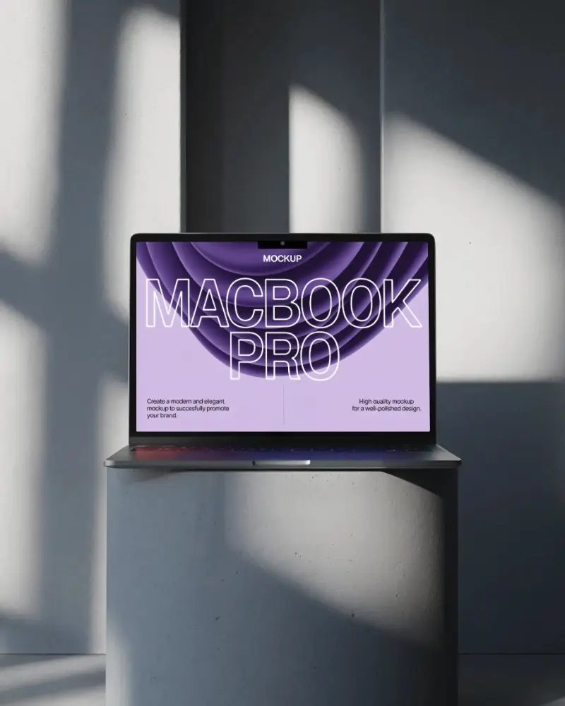 Minimal Studio Macbook Pro M2 Mockup On Pedestal With Crisp Sunlight And Concrete Shadows