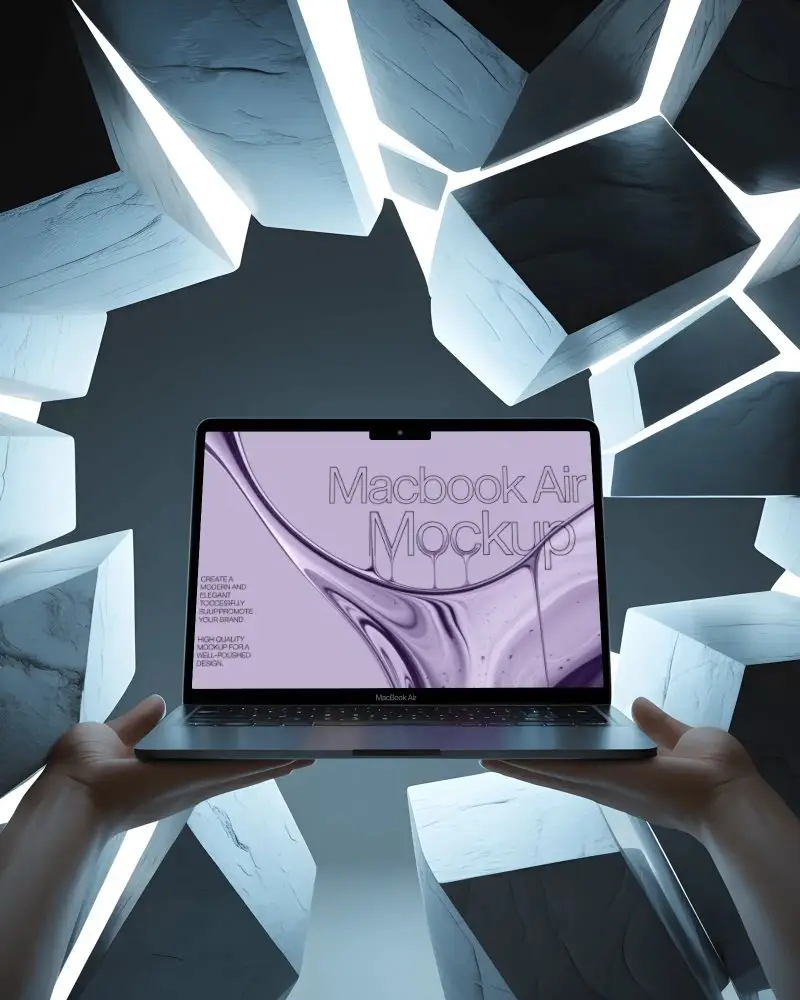 Futuristic Cube Scene Macbook Air M3 Mockup Held By Hands With Glowing Edges And Dark Void