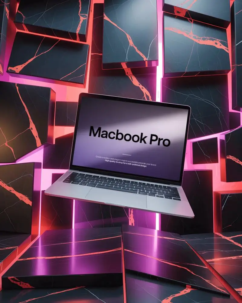 Levitating Macbook Pro M1 Mockup Inside Broken Marble Neon Pink Light Wall Abstract Scene