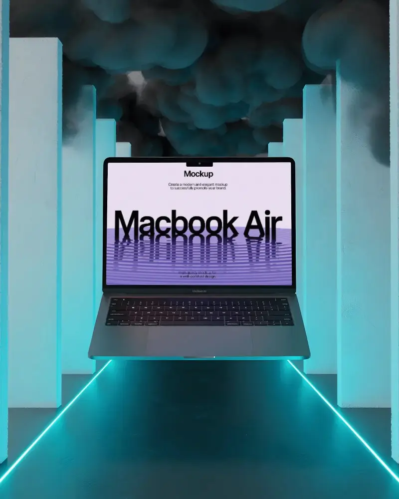 Floating Macbook Air M2 Mockup Between White Pillars Under Stormy Clouds And Cyan Neon Glow
