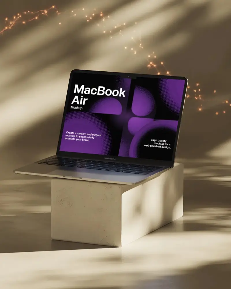 Soft Light Shadow Macbook Air M3 Mockup On Angled Block With Glowing Spark Particles