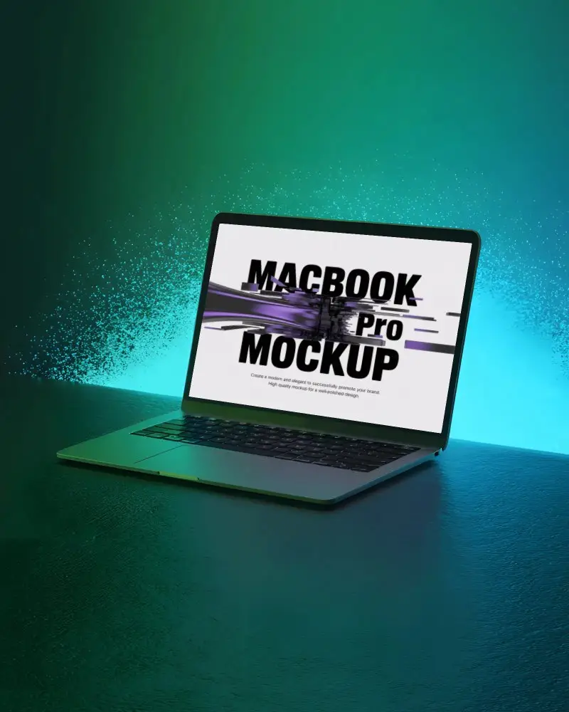 Green And Blue Glow Macbook Pro M1 Mockup On Textured Surface With Scattered Particle Effect