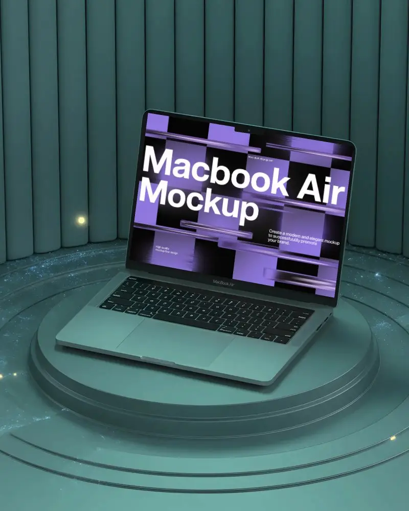 Elegant Tech Showcase Macbook Air M3 Mockup On Round Spotlighted Base