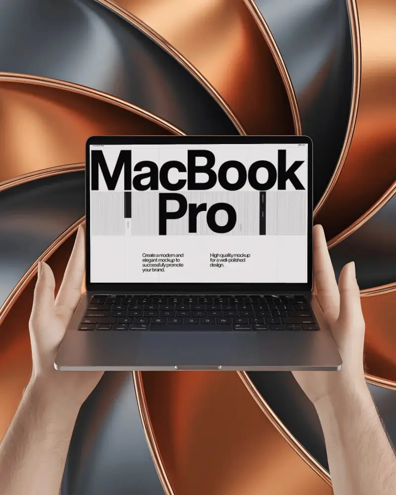 Macbook Pro M1 Mockup Held In Hands Against Metallic Swirl Background