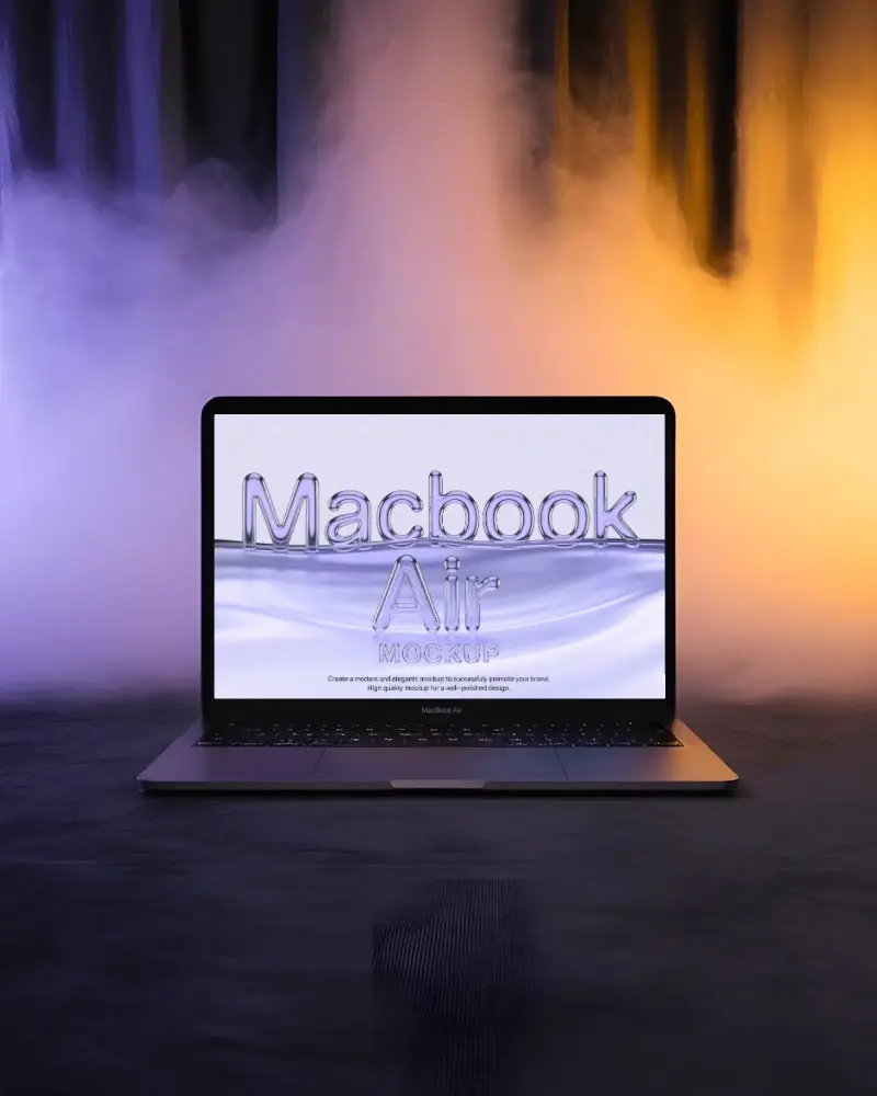 Dramatic Foggy Background Macbook Air M1 Mockup With Dual Color Lights