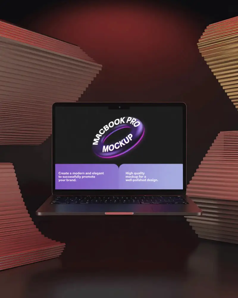Macbook Pro M4 Mockup Floating In Red Studio With Abstract Folded Paper Layers