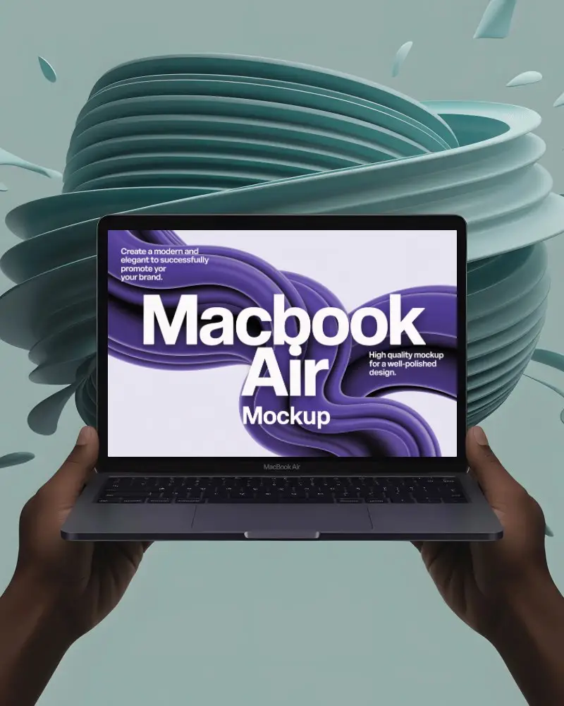 Surreal 3d Macbook Air M1 Mockup Hands Holding Laptop Against Teal Vortex Art
