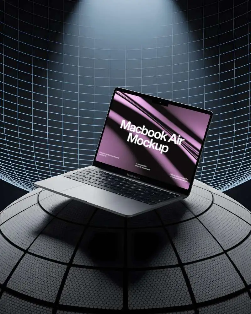 Digital Grid Dome Macbook Air M2 Mockup Elevated Under Futuristic Spotlight