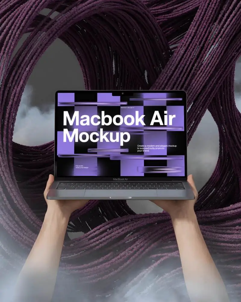Surreal Purple Abstract Macbook Air M3 Mockup Handheld Against Twisted Backdrop