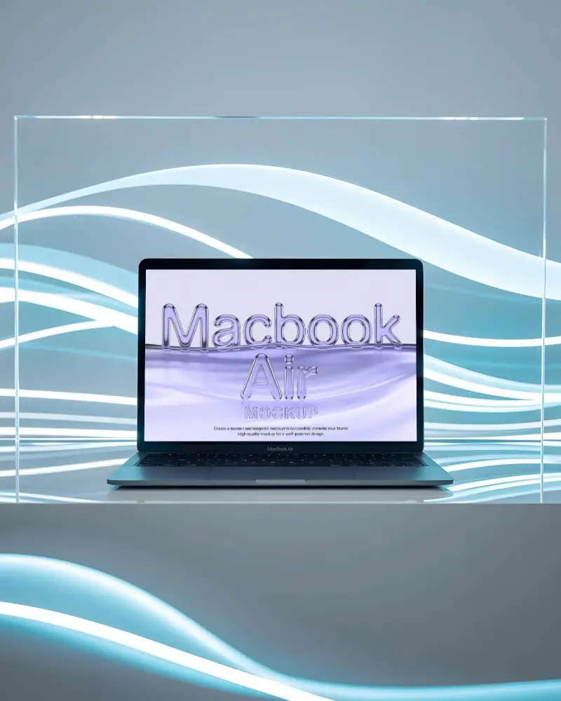Illuminated Flowing Lines Macbook Air M1 Mockup In Sleek Abstract Display Box