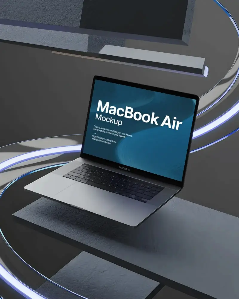 sci-fi-interior-macbook-air-m1-mockup-hovering-on-textured-platform-with-light-streaks