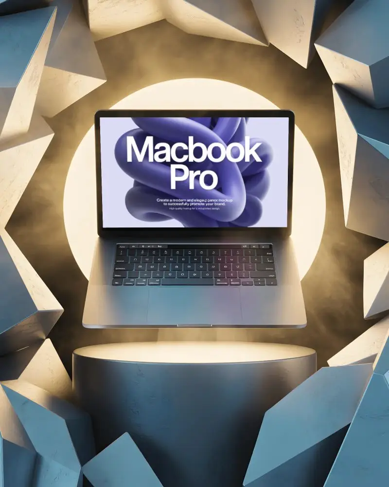 macbook-pro-m1-mockup-floating-with-surrounding-angular-rocks-and-backlit-circular-light
