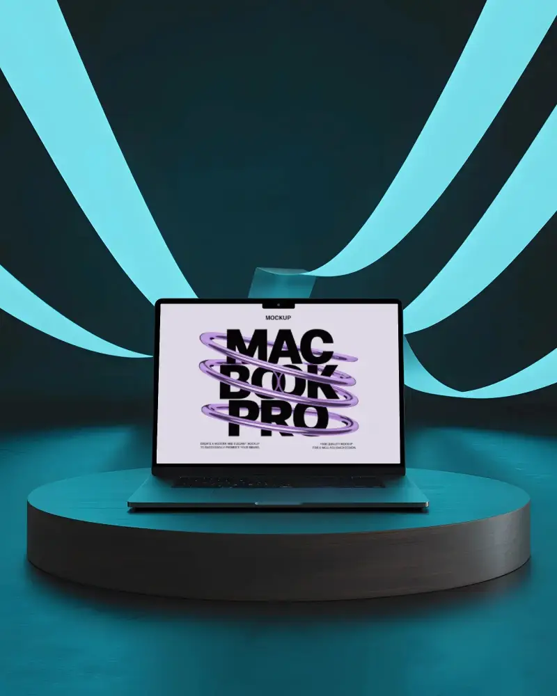 glowing-cyberwave-backdrop-macbook-m3-pro-mockup-on-dark-podium-under-blue-led-arcs