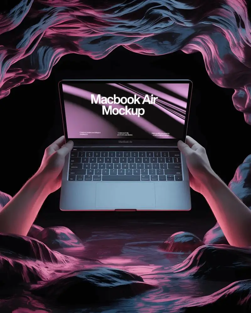 fantasy-inspired-macbook-m1-air-mockup-held-inside-magical-cave-with-liquid-light-flow