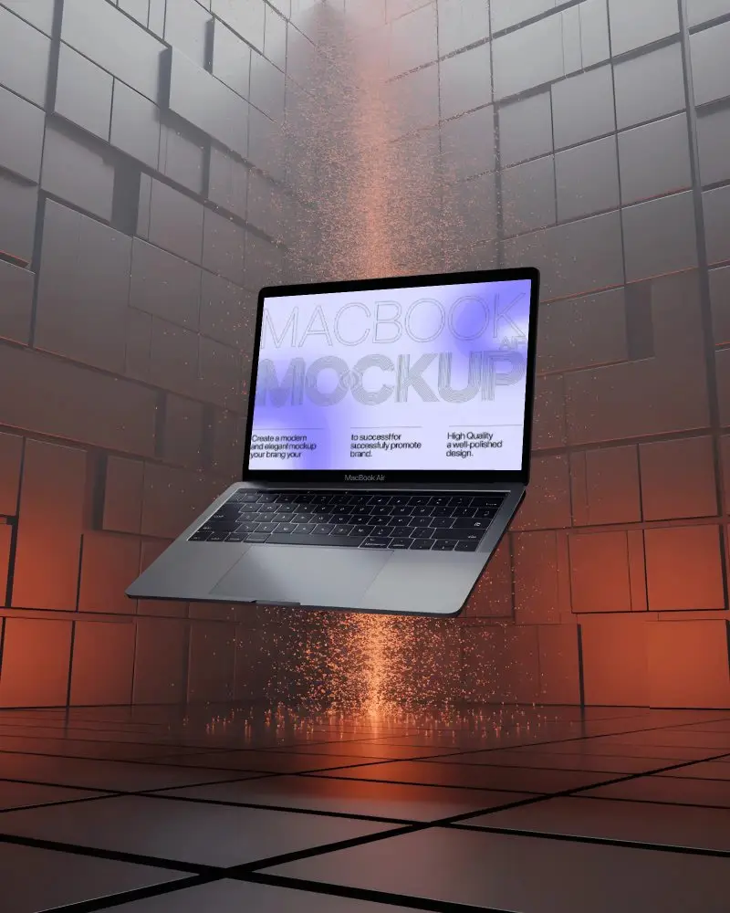 levitating-macbook-m1-air-mockup-in-futuristic-orange-grid-room-with-particle-beam-glow