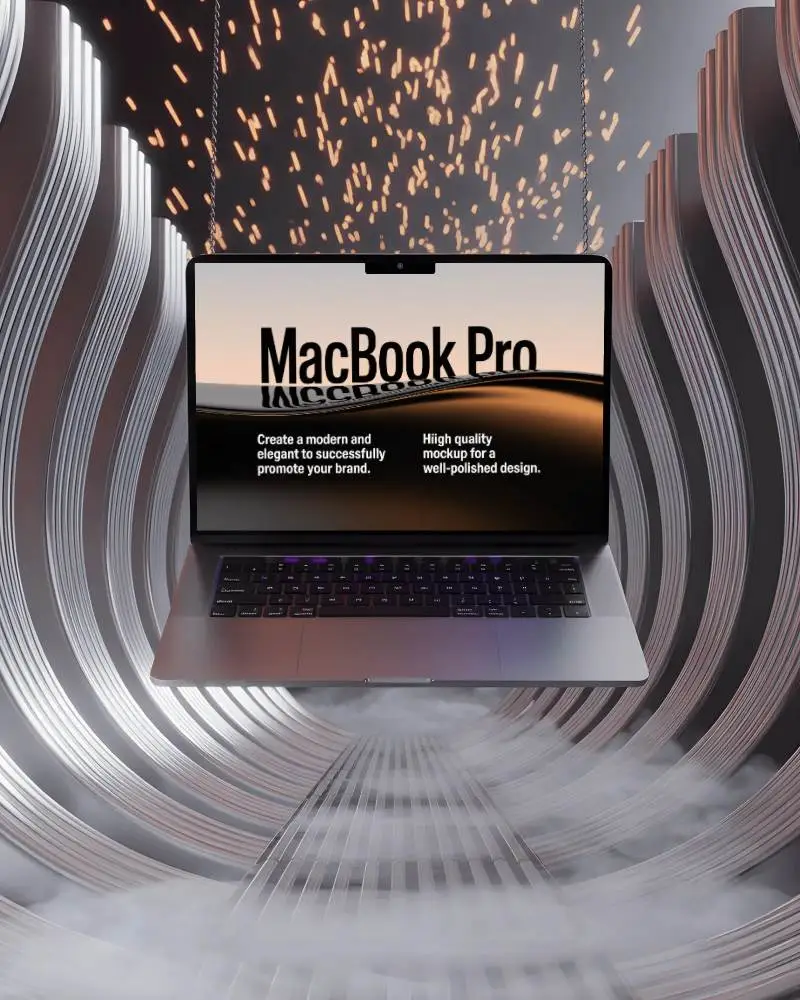 futuristic-macbook-m4-pro-mockup-floating-in-metallic-arched-room-with-fog-and-sparks