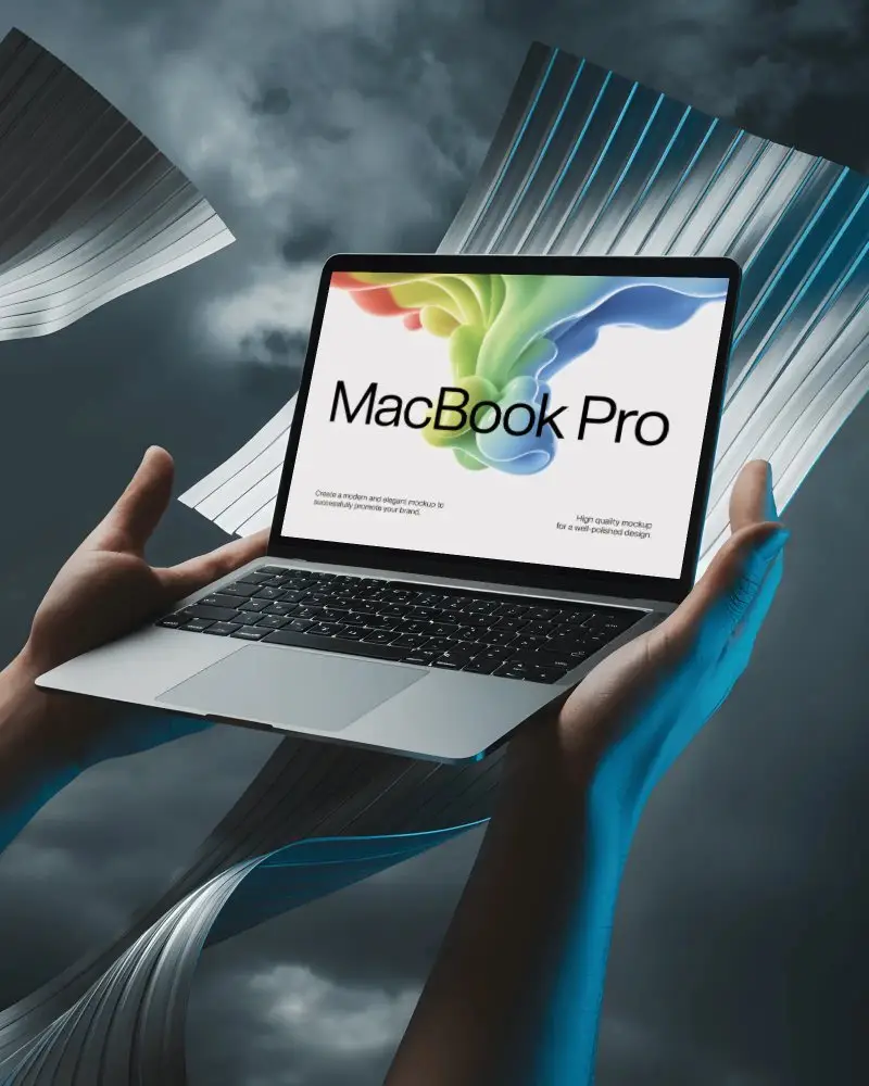 macbook-m1-pro-mockup-raised-in-hands-amid-metallic-ribbons-and-dramatic-cloudy-sky