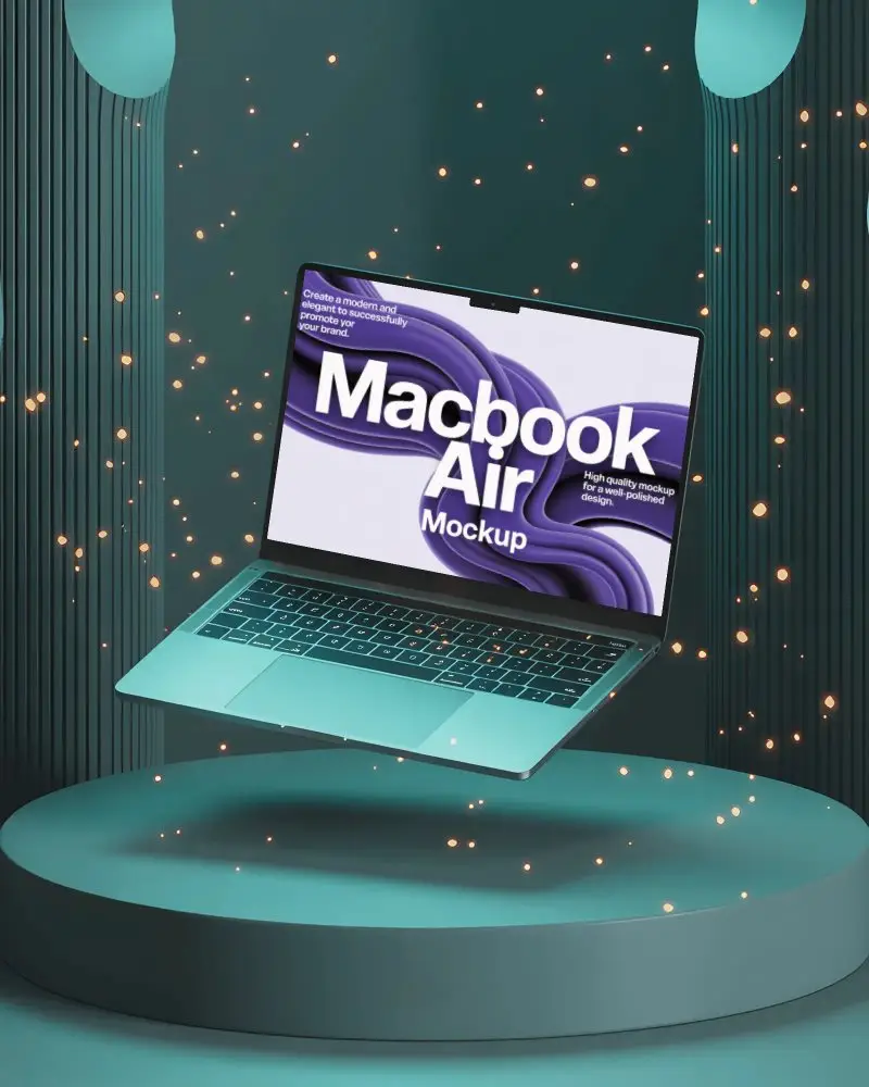 floating-macbook-m4-air-mockup-on-stage-with-sparkle-lights-and-modern-teal-backdrop