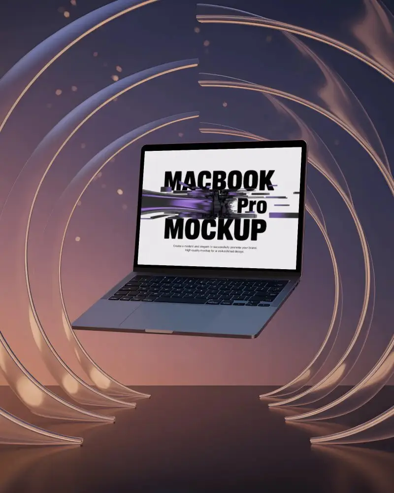 Elegant Glass Loop Archway Macbook M1 Pro Mockup Hovering In Sculptural Light Scene