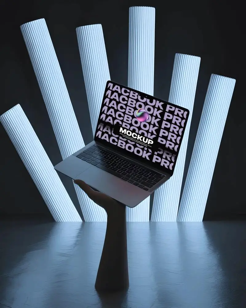 Macbook M3 Pro Mockup Elevated On Sculpted Hand With Glowing Pillars In Dark Studio