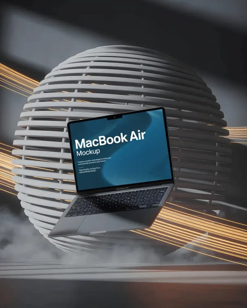 Macbook M2 Air Mockup Floating Before Striped Sphere With Orange Streaks And Fog Floor