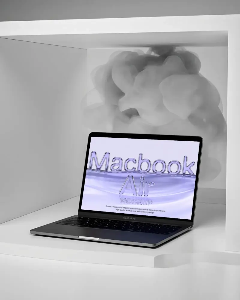 Macbook M1 Air Mockup In Clean White Shelf Scene With Abstract Dark Fog Background