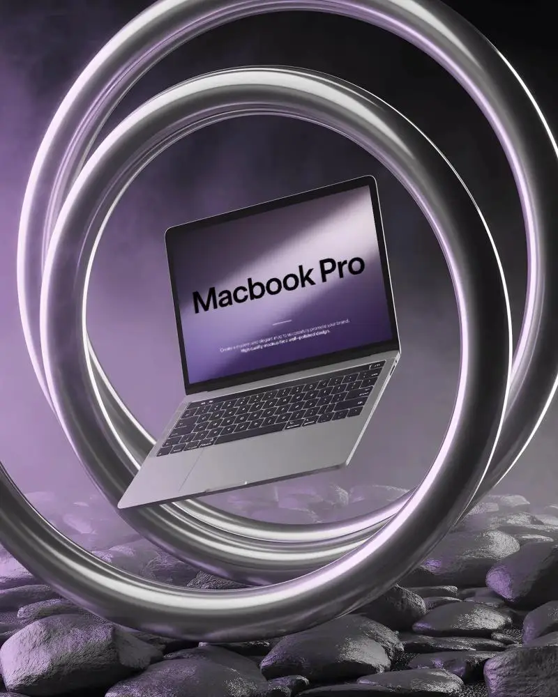 Macbook M1 Pro Mockup Floating Inside Glowing Rings Above Stone Floor And Purple Fog