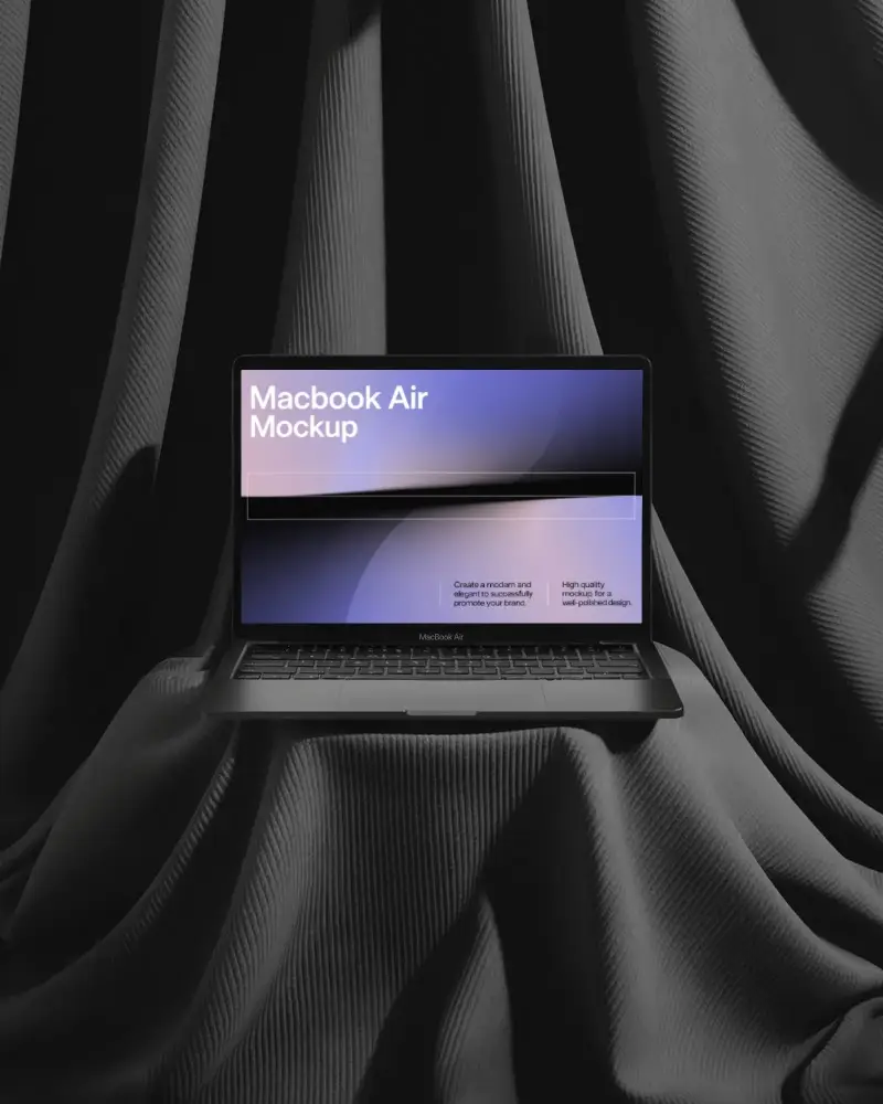 Macbook M1 Air Mockup On Dark Textured Fabric With Folded Curtain Backdrop And Soft Shadows