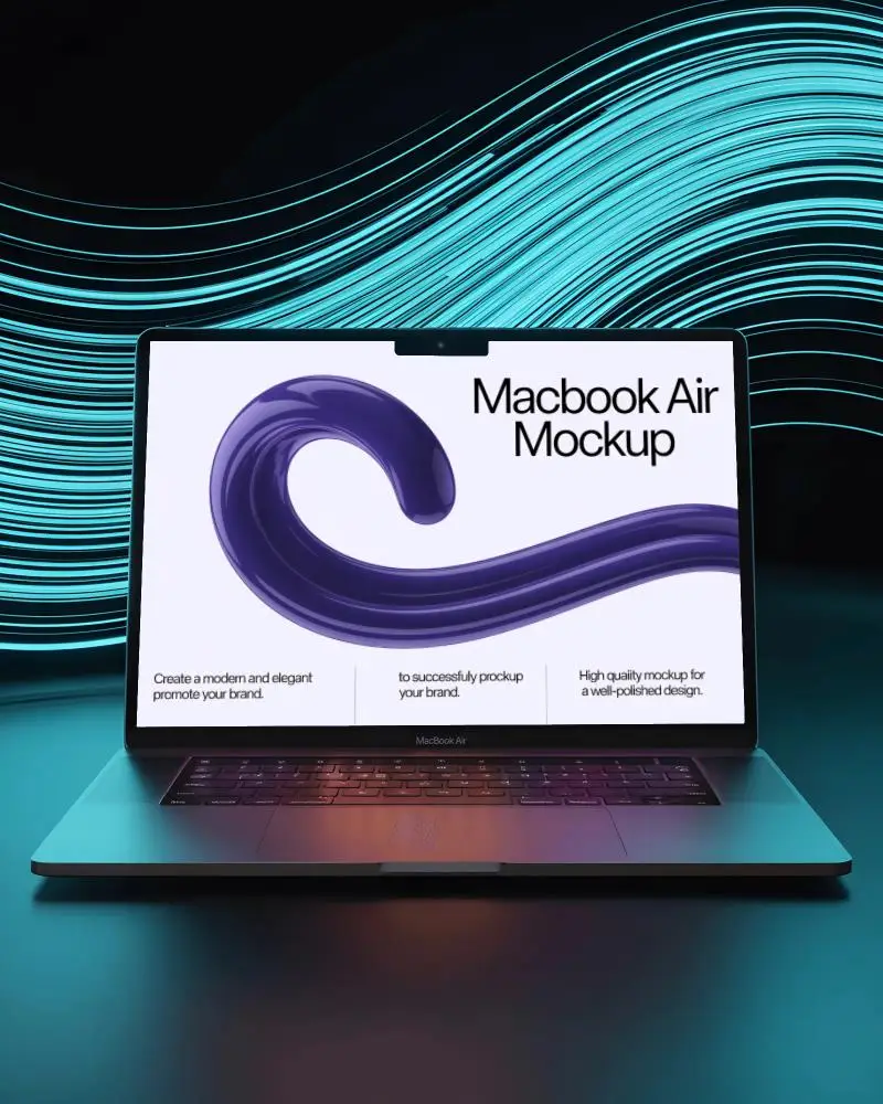Macbook M2 Air Mockup Front View On Glowing Surface With Flowing Neon Cyan Light Trails