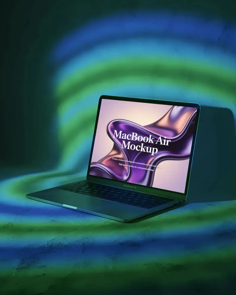 Macbook M1 Air Mockup On Textured Surface With Glowing Green And Blue Light Wave Patterns