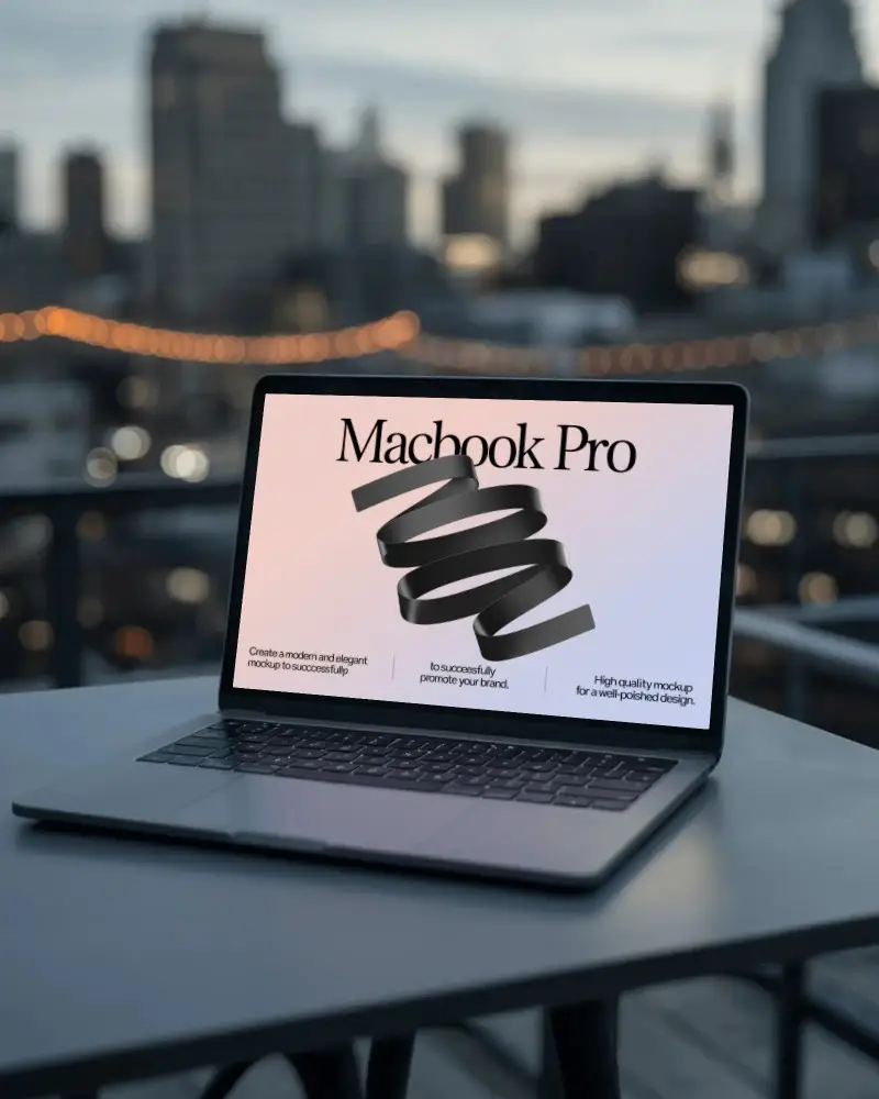 Urban Evening Scene Macbook M1 Pro Mockup On Balcony Table With Blurred City Background