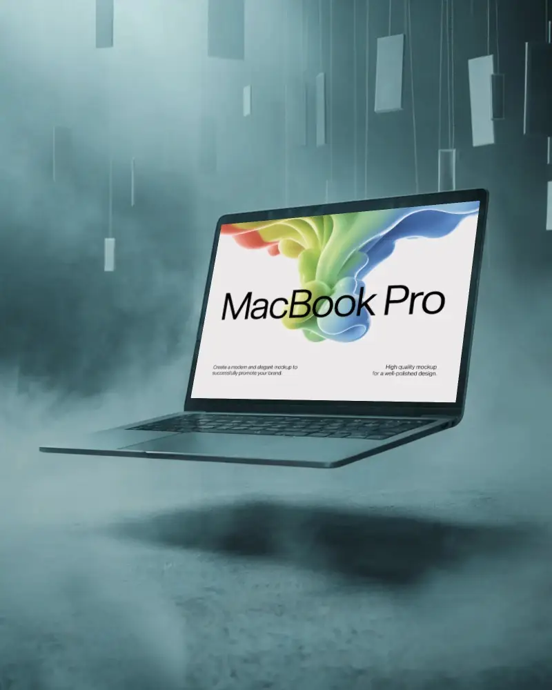 Macbook M1 Pro Mockup Floating In Misty Studio With Hanging Rectangles And Soft Fog