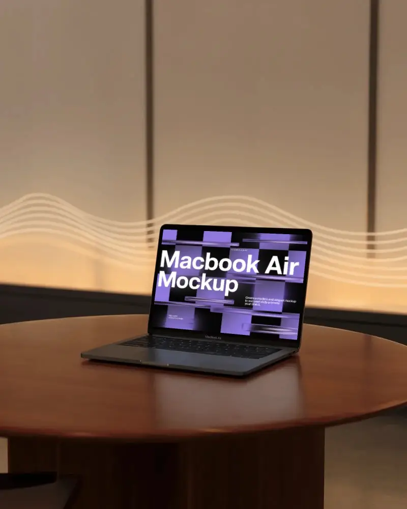 Macbook M1 Air Mockup On Wooden Round Table With Warm Lighting And Soft Wave Pattern