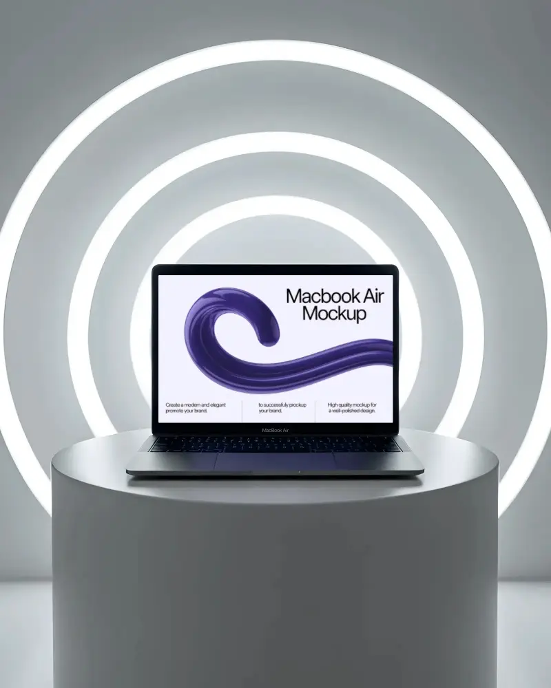 Macbook M1 Air Mockup On White Pedestal With Glowing Neon Circles In Minimalist Studio