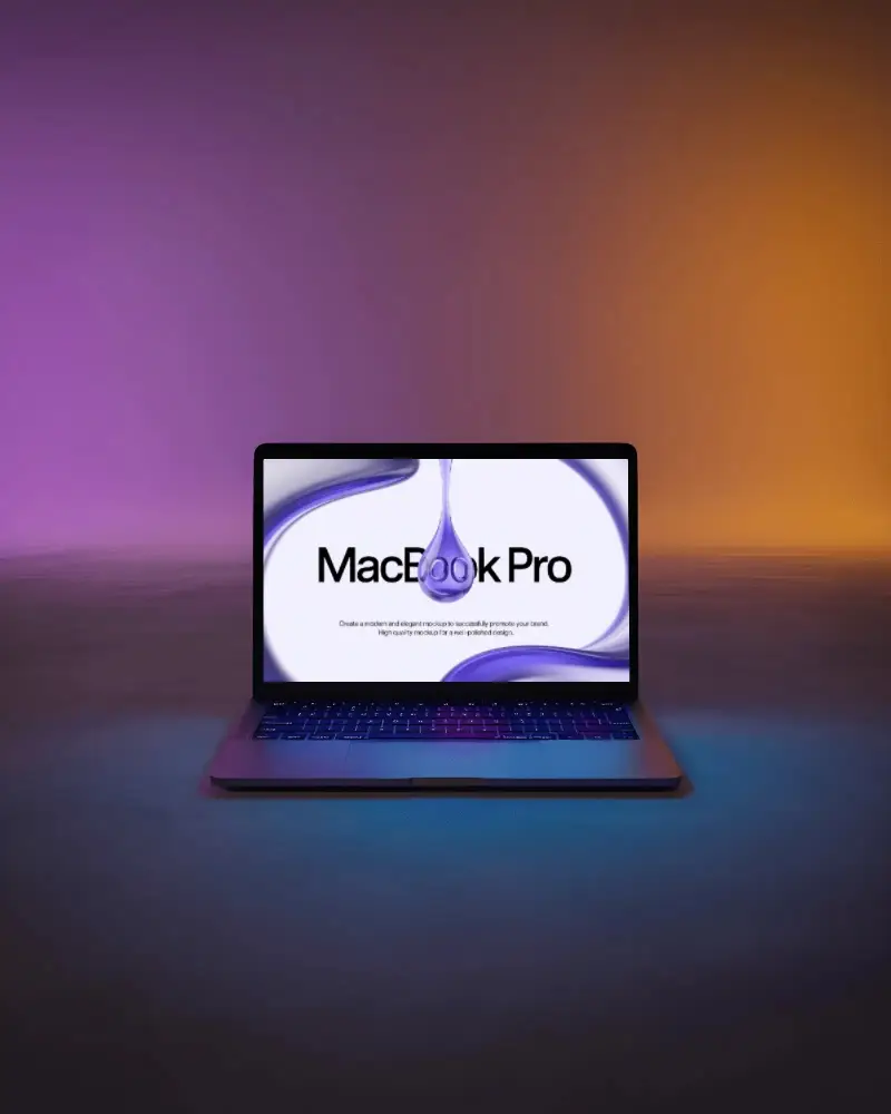 Macbook M1 Pro Mockup On Floor With Colorful Gradient Glow And Soft Purple Orange Light