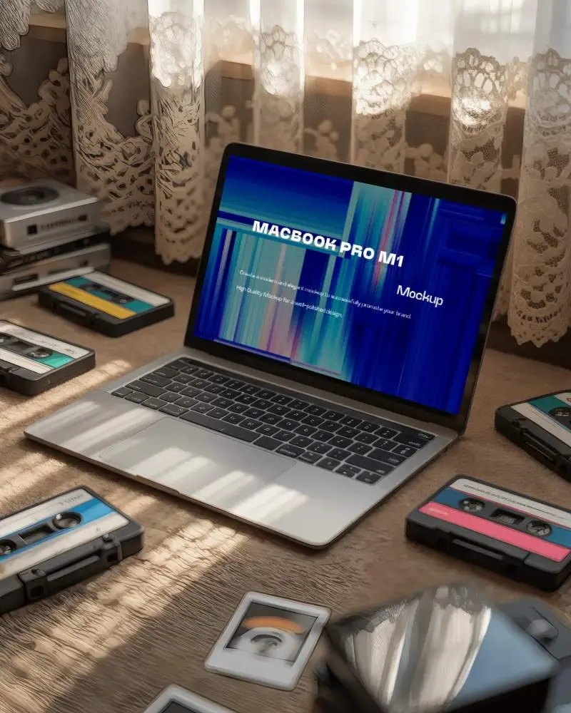 Macbook M1 Pro Mockup Surrounded By Retro Cassette Tapes And Polaroids On Textured Carpet