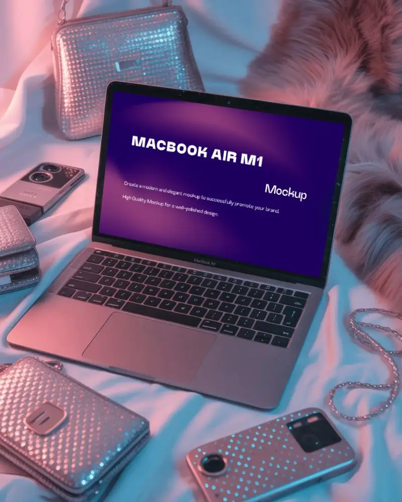Fashion Glam Macbook Air M1 Mockup On Satin Surface With Sparkling Accessories And Pink Blue Lighting